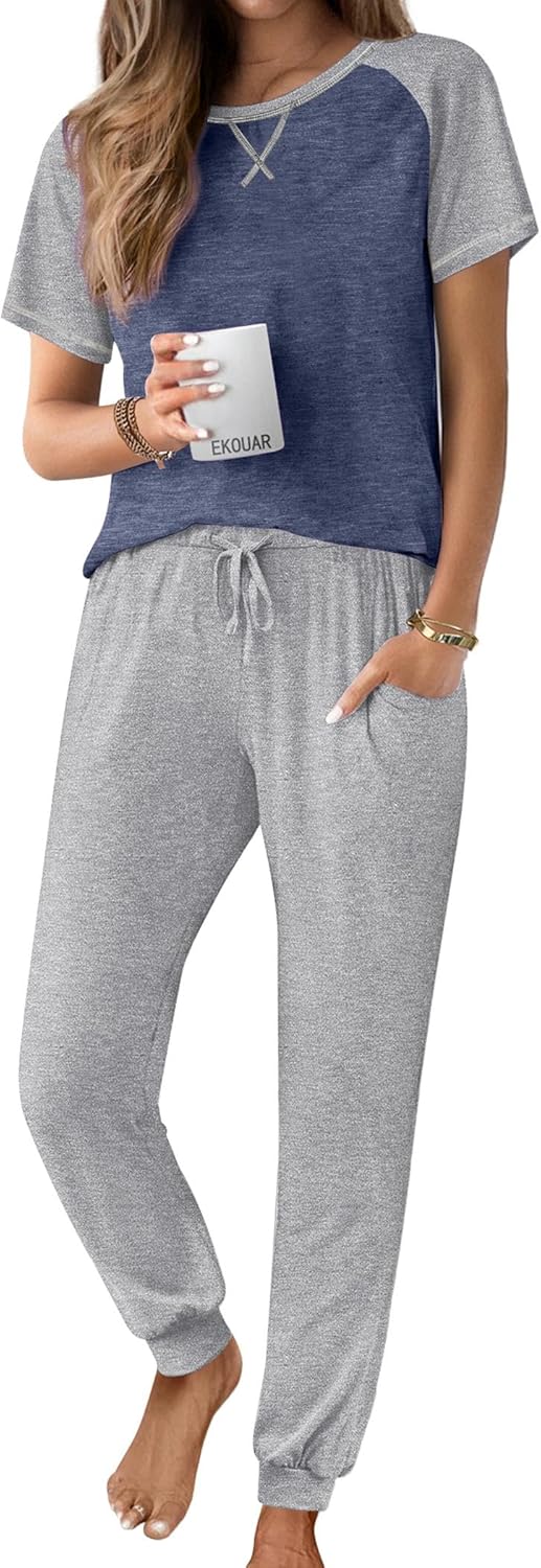 Ekouaer Womens Jogger Pajamas Sets 2 Piece Raglan Short Sleeve Pjs Lounge Set Soft Sleepwear with Pockets S-XXL