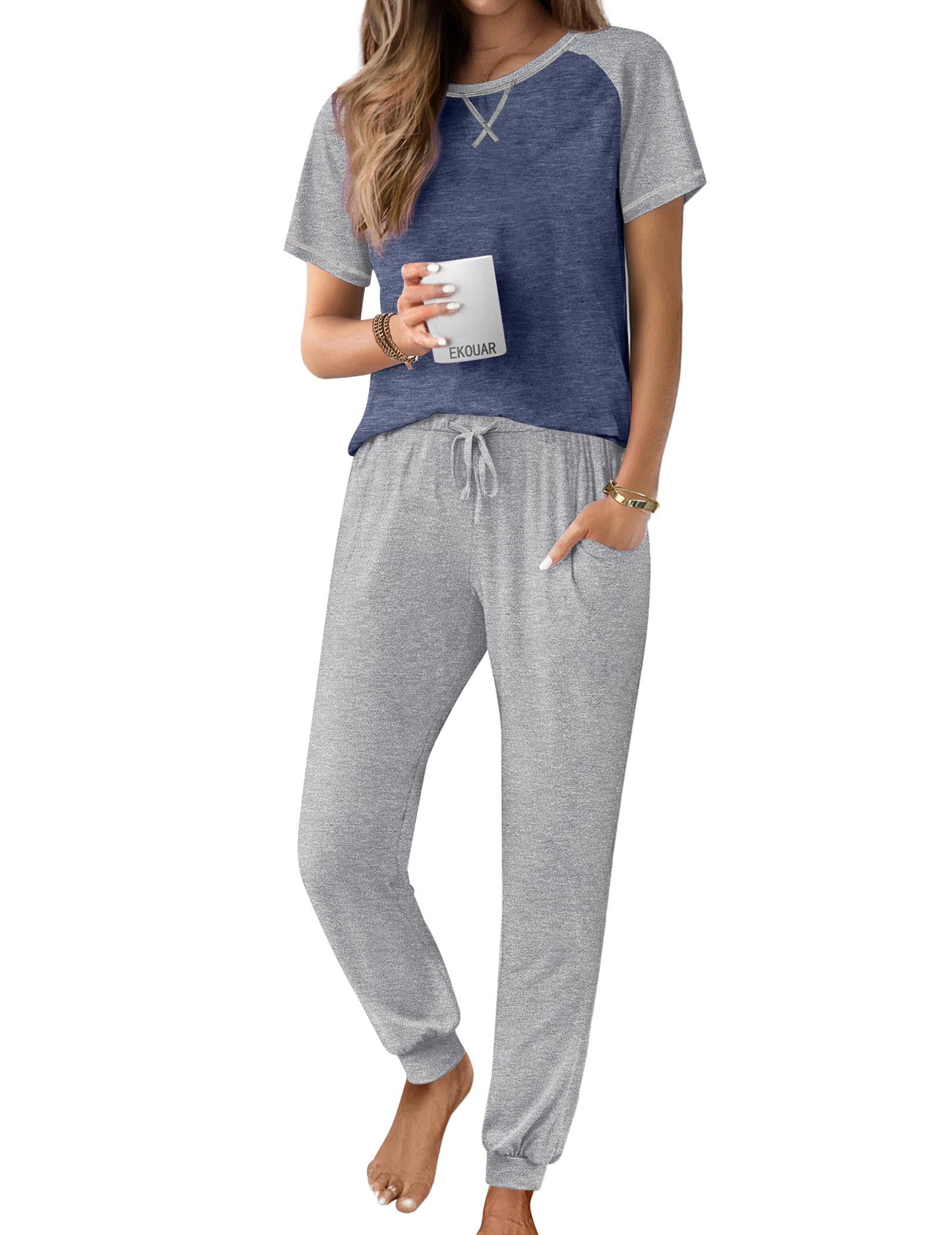 Ekouaer Womens Jogger Pajamas Sets 2 Piece Raglan Short Sleeve Pjs Lounge Set Soft Sleepwear with Pockets S-XXL