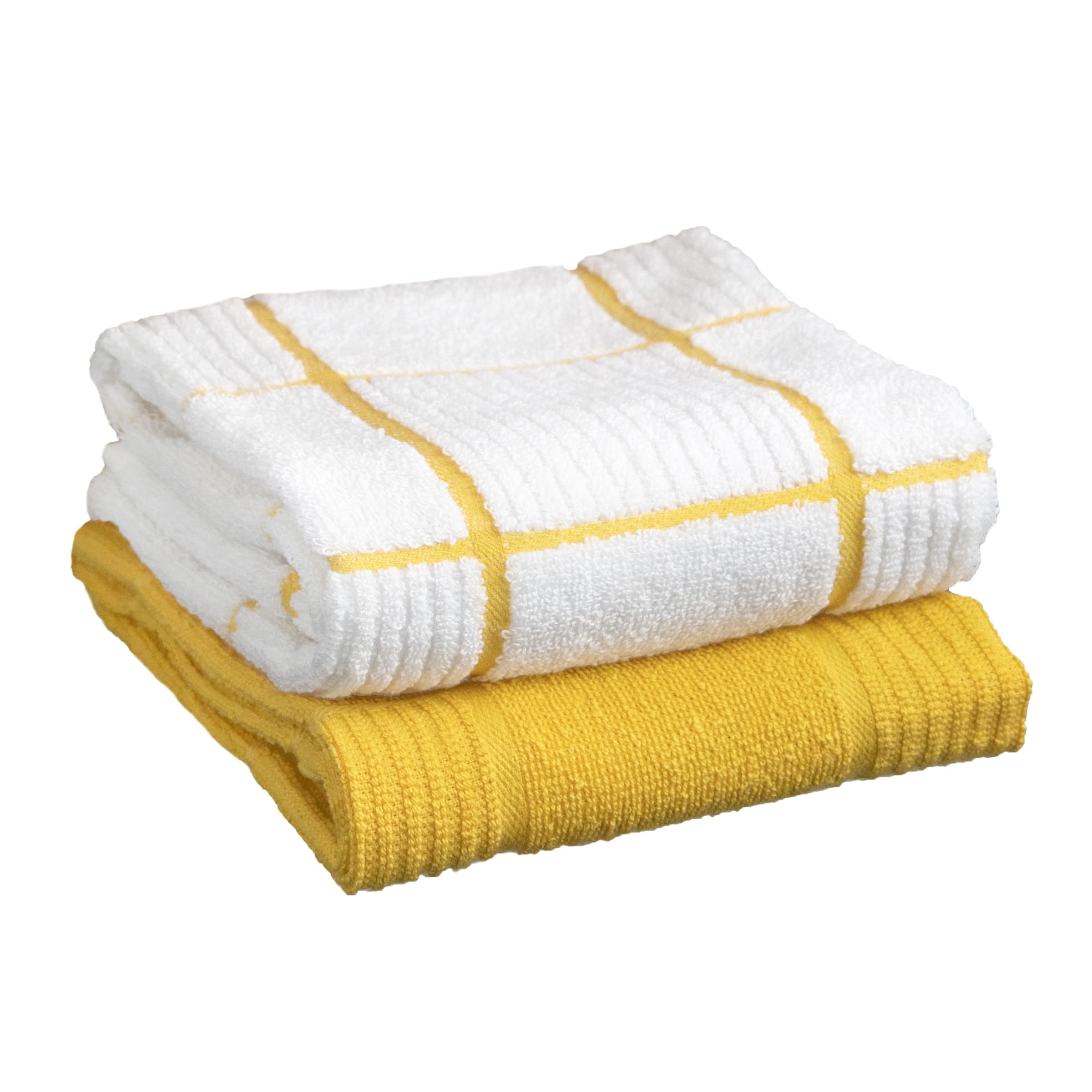 T-Fal Textiles 2-Pack Solid & Check Parquet Design 100-Percent Cotton Kitchen Dish Towel, Lemon, Solid/Check-2 Pack