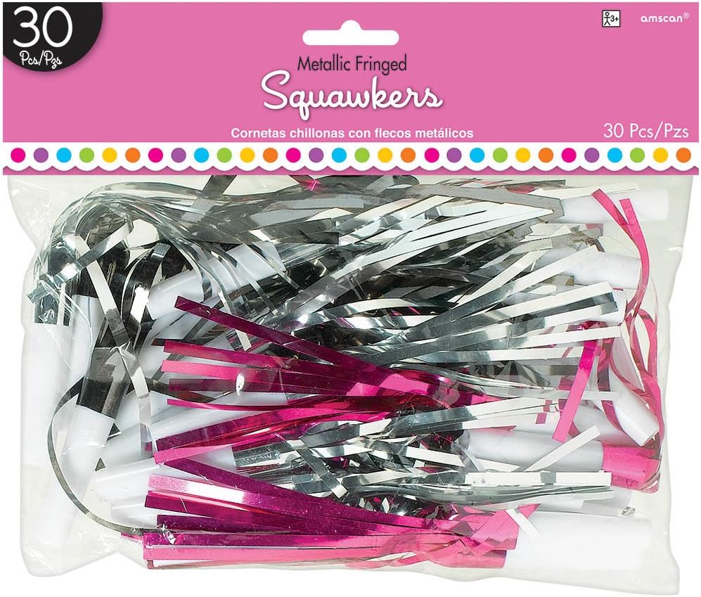 Elegant Black and Pink Birthday Party Fringed Squawkers , Pack of 30, Black/Pink/Silver , 7"