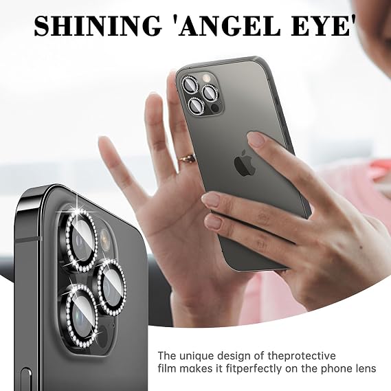 Diamond Camera Lens Protector Compatible for iPhone 12 Pro, Bling 9H Tempered Glass Camera Cover, Automatic Alignment Individual Metal Rings, Glitter Phone Lens Film Stickers