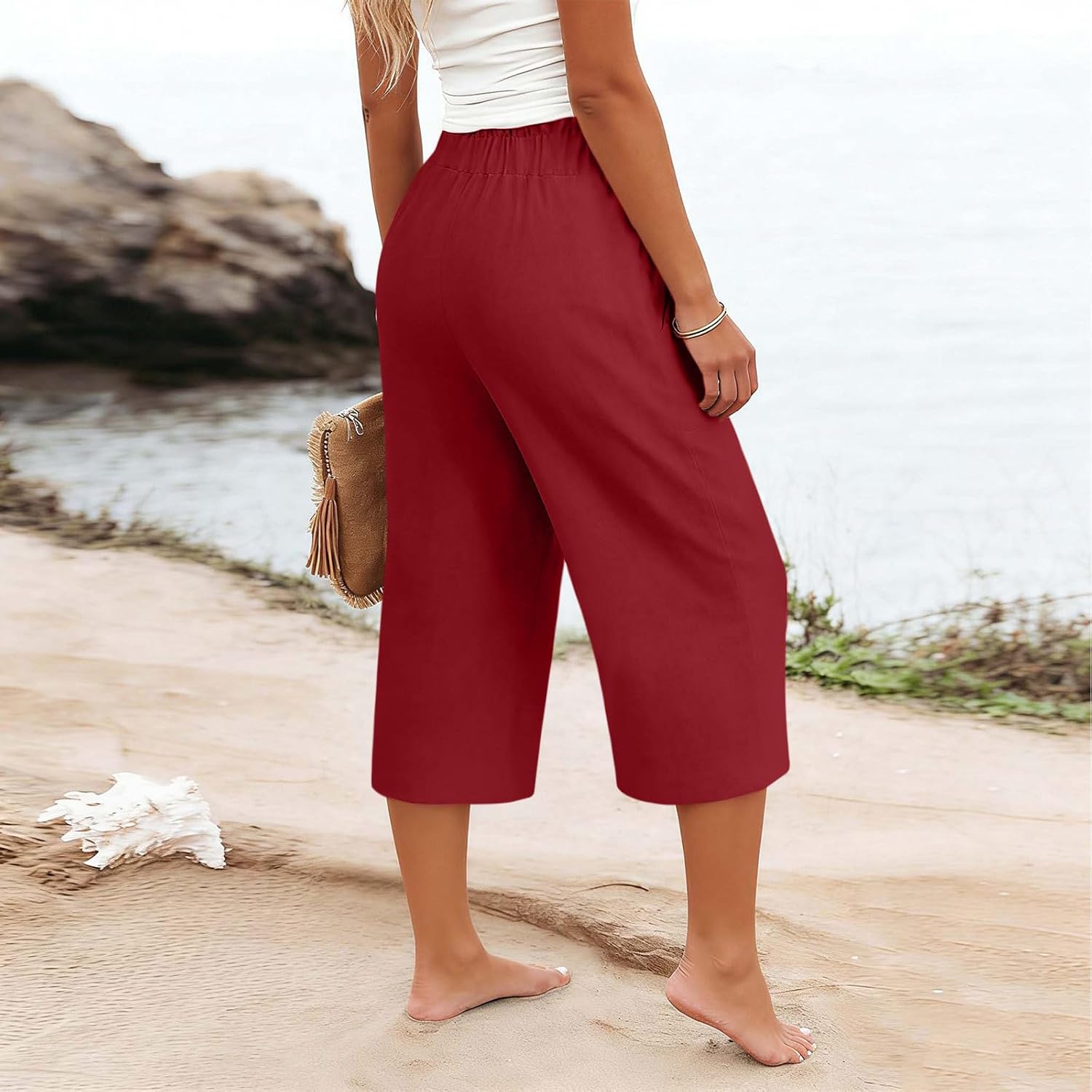 Cotton Linen Capri Pants for Women High Waisted Wide Leg Casual Lounge Pant Summer Beach Vacation Capris with Pocket