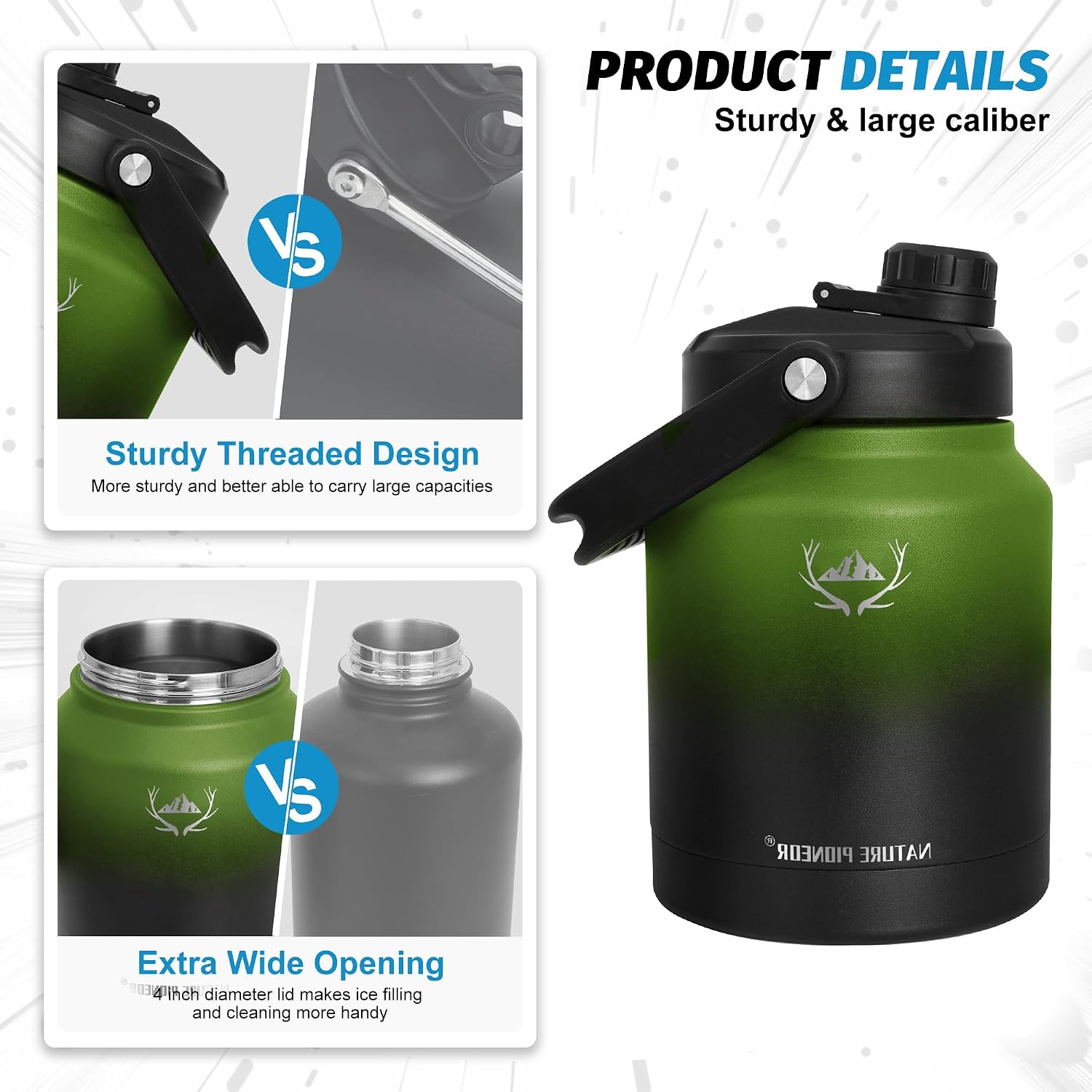 NATURE PIONEOR 84 oz Insulated Water Bottle - Double Vacuum Stainless Steel Water Jug with Holder/Carrier, Wide Mouth, Outdoor Sports, Hiking, Camping, Gym
