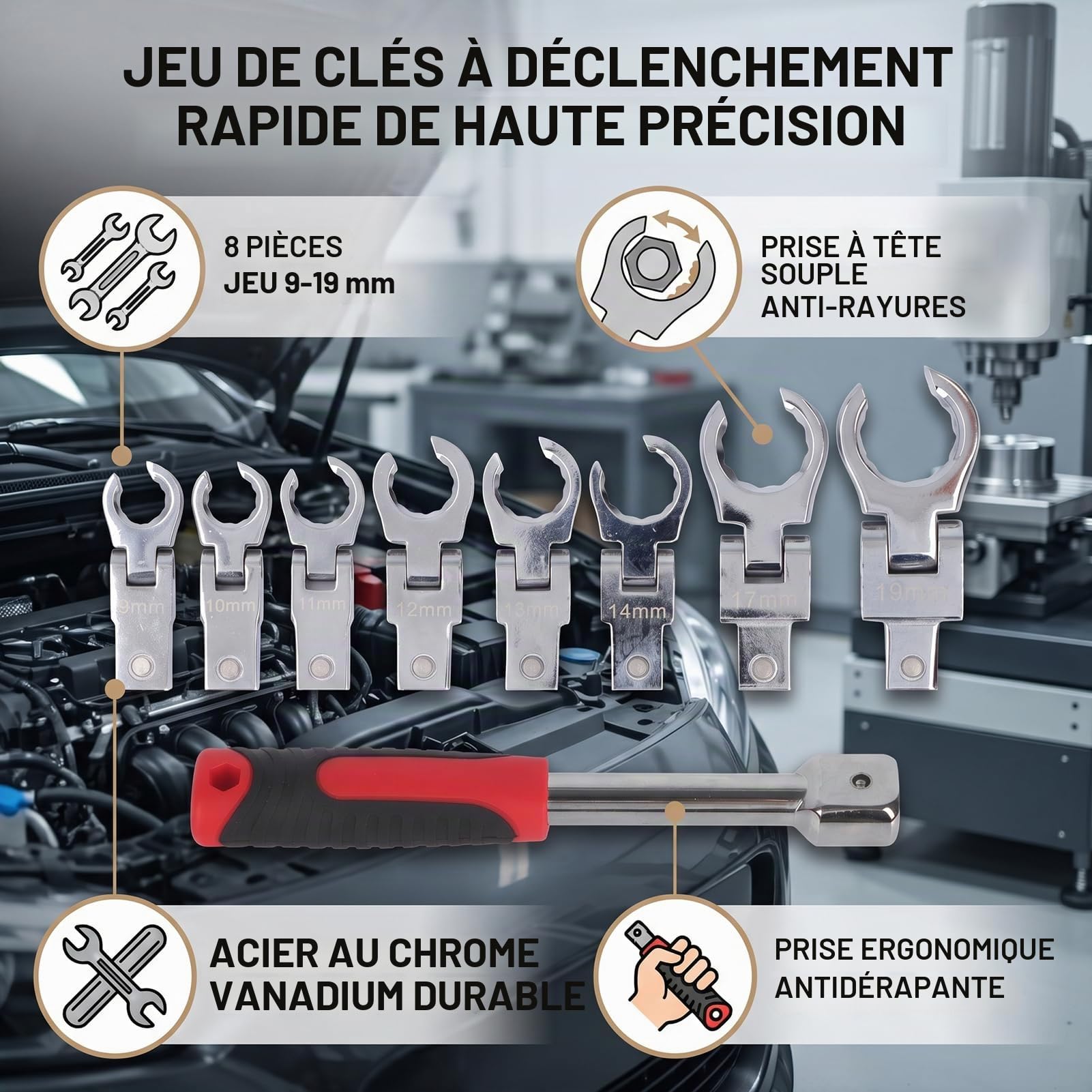 Jeu de Clés à Cliquet Articulées, Mixtes à Cliquet Tete Flexible, Lot de Clé Plate à Cliquet 8 pièces 9-19mm, en Acier au Chrome Vanadium avec Sac de Rangement
