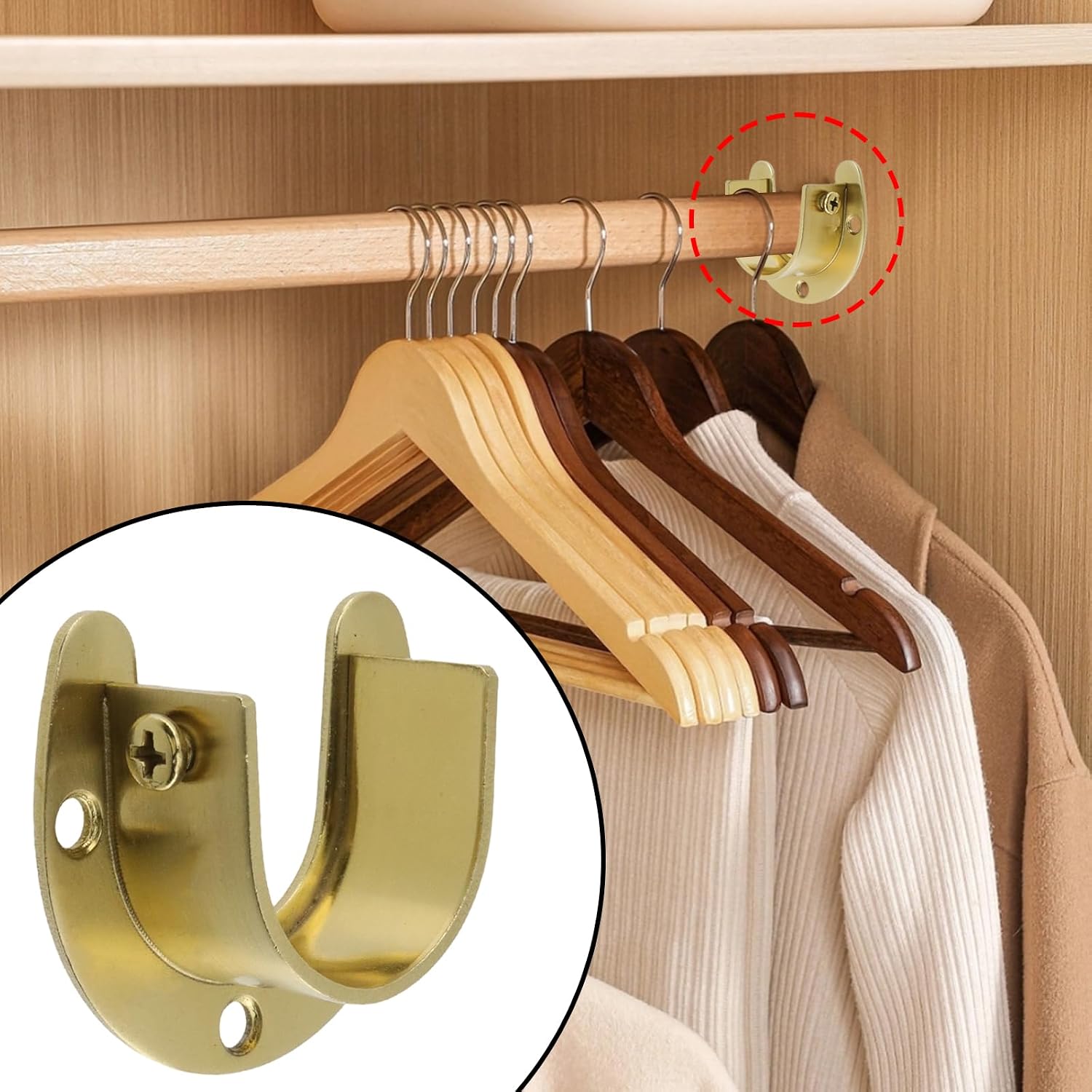 HEVSTIL 4 Packs Stainless Steel Closet Rod Bracket, 1-1/4 Inch Wardrobe Bracket Heavy Duty Closet Pole Sockets Flange Rod Holder, U-Shaped with Screws, Gold