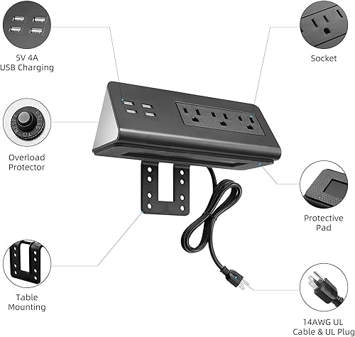 Miniatura 7 de Emerising - Paquete de 2 tiras de alimentación de montaje en borde de escritorio con 4 puertos USB y 3 tomas de corriente alterna para el hogar y la