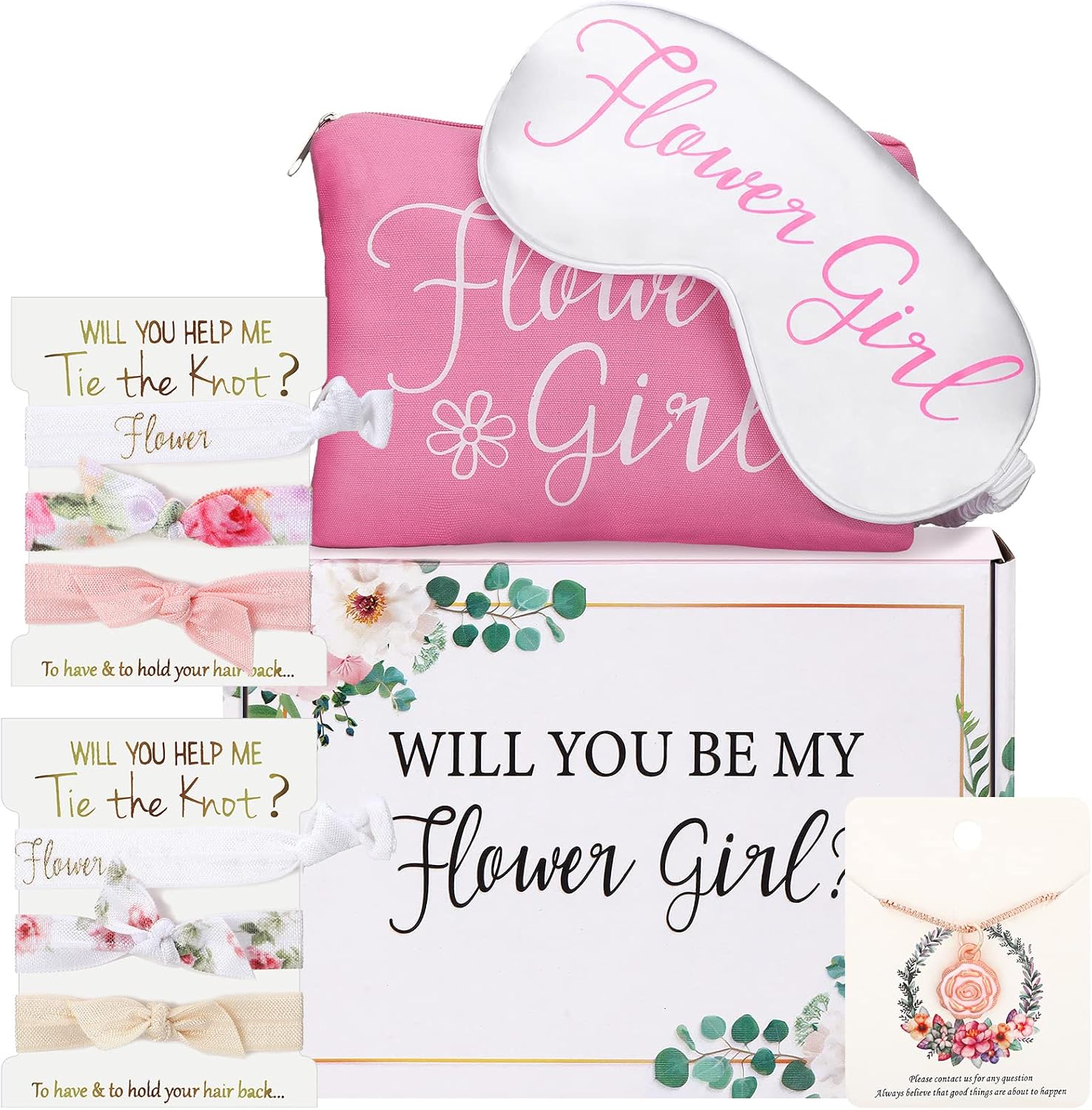 Cindeer 10 Pcs Flower Girl Proposal Gift Set, Will You Be My Flower Girl Proposal Box Set Flower Girl Necklace Sleeping Mask Makeup Pouch and 6 Flower Hair Ties Flower Girl Gift Wedding Bride Showers
