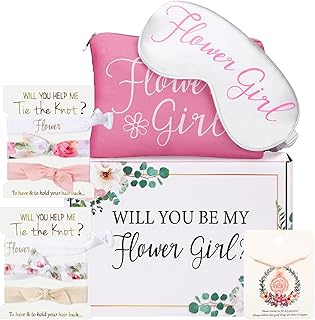 Cindeer 10 Pcs Flower Girl Proposal Gift Set, Will You Be My Flower Girl Proposal Box Set Flower Girl Necklace Sleeping Mask Makeup Pouch and 6 Flower Hair Ties Flower Girl Gift Wedding Bride Showers