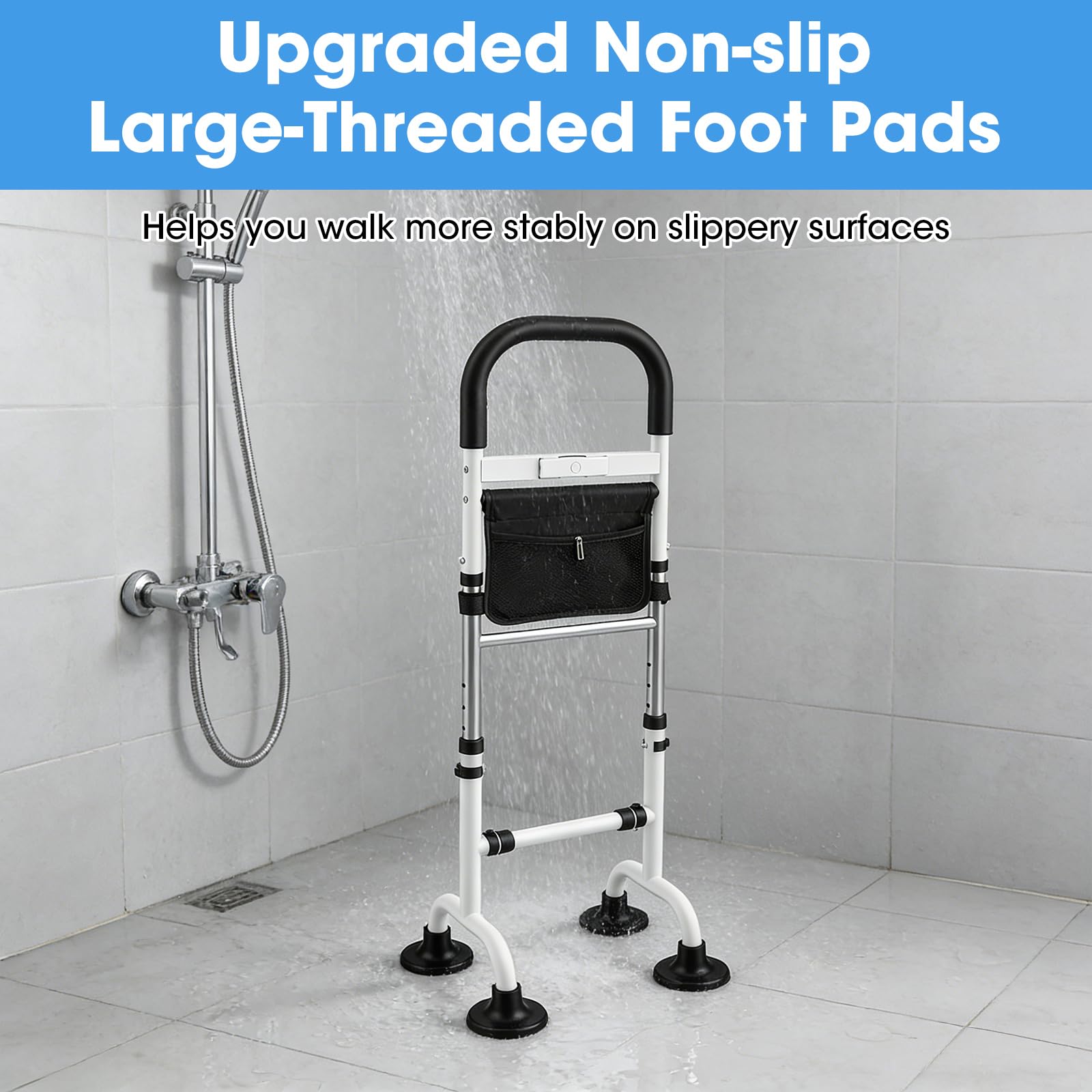 Aide à se Lever Personnes Âgées avec Lampe LED et Sac de Rangement, 6 Hauteurs Réglables 80-95 cm, Acier Carbone Solide, Ventouses Antidérapantes, Charge Maximale 136 kg pour Lit Canapé Toilettes