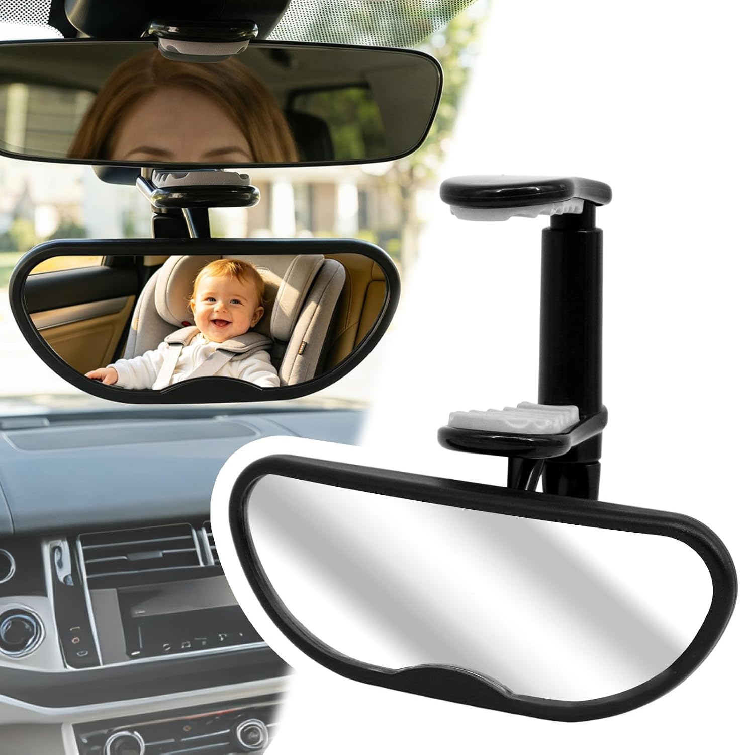 Clip On Baby Car Mirror,360° Wide View Shatterproof Mirror,Black | 360° adjustable clip-on baby car mirror with wide-angle view. Shatterproof acrylic design for safe rear-facing monitoring.