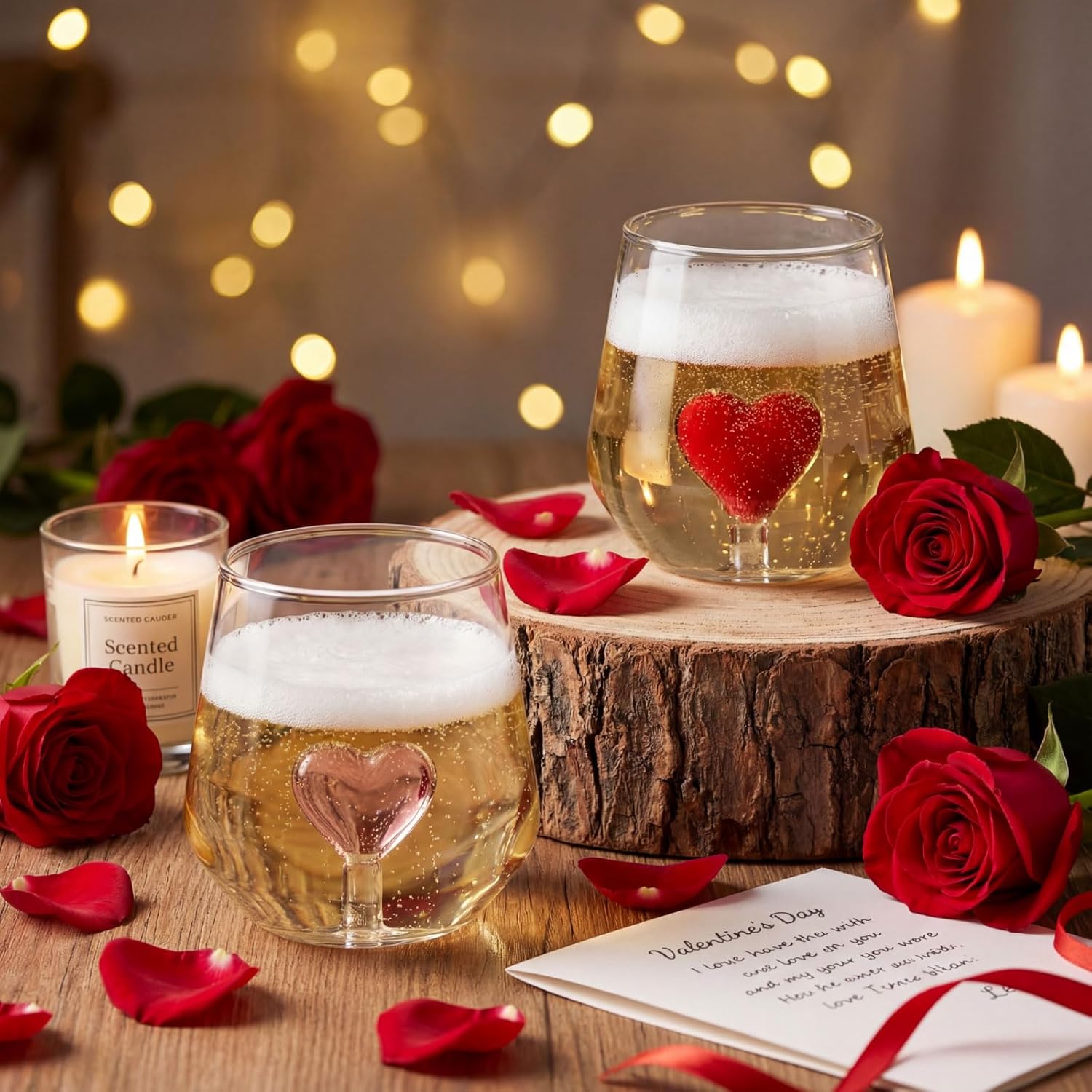 2 Pcs Valentine Stemless Wine Glasses Galentine 3D Heart Drinking Glass Cup 12oz Red Pink Heart Wine Glasses Icon Juice Glass Clear Double Hand Blown Cocktail Glassware for Valentine Party Supplies