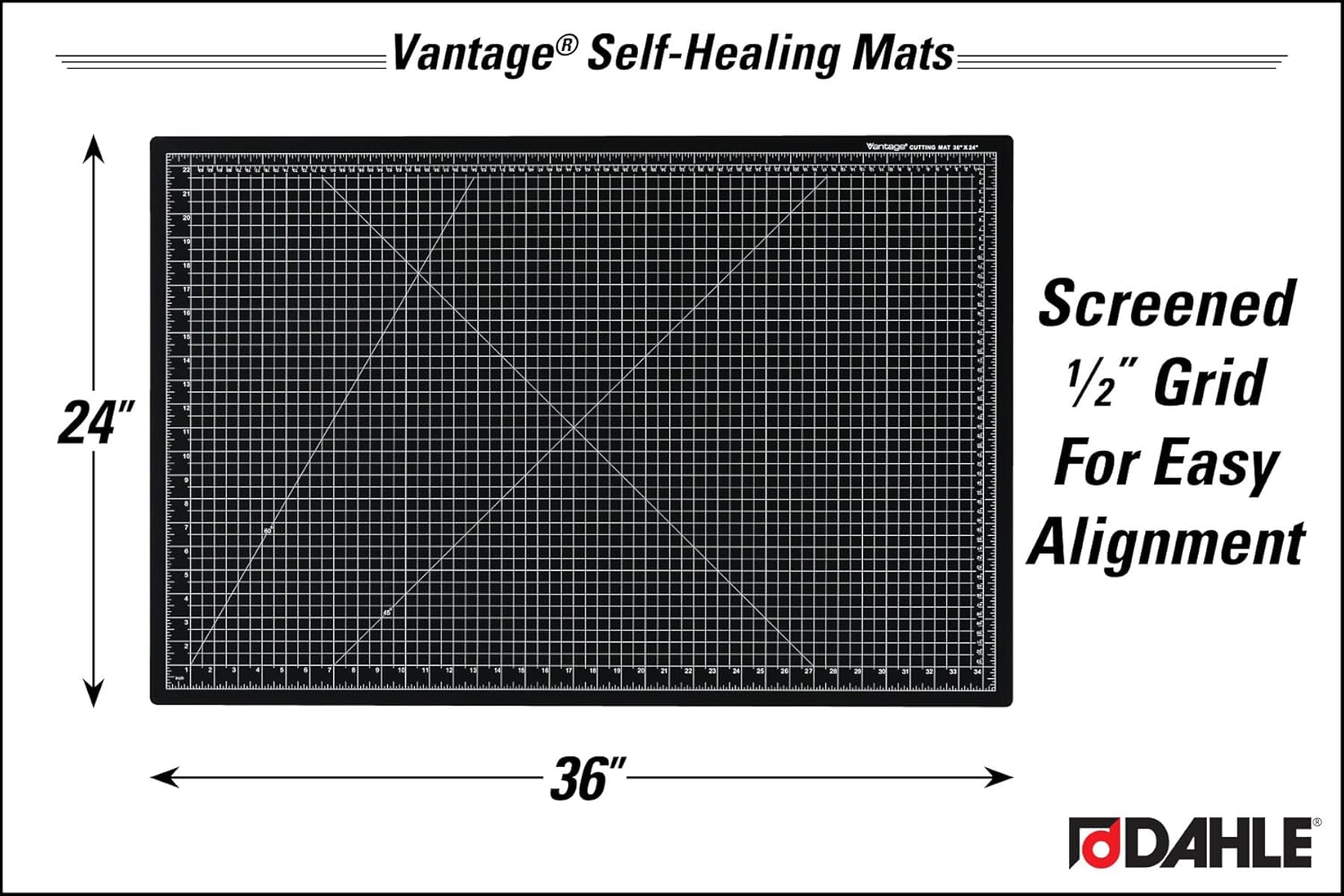 Dahle Vantage 10793 Double-Sided Premium Self-Healing Cutting Mat, 24"x36", 1/2" Grid, 5 Layers for Max Healing, Perfect for Crafts & Sewing, Black