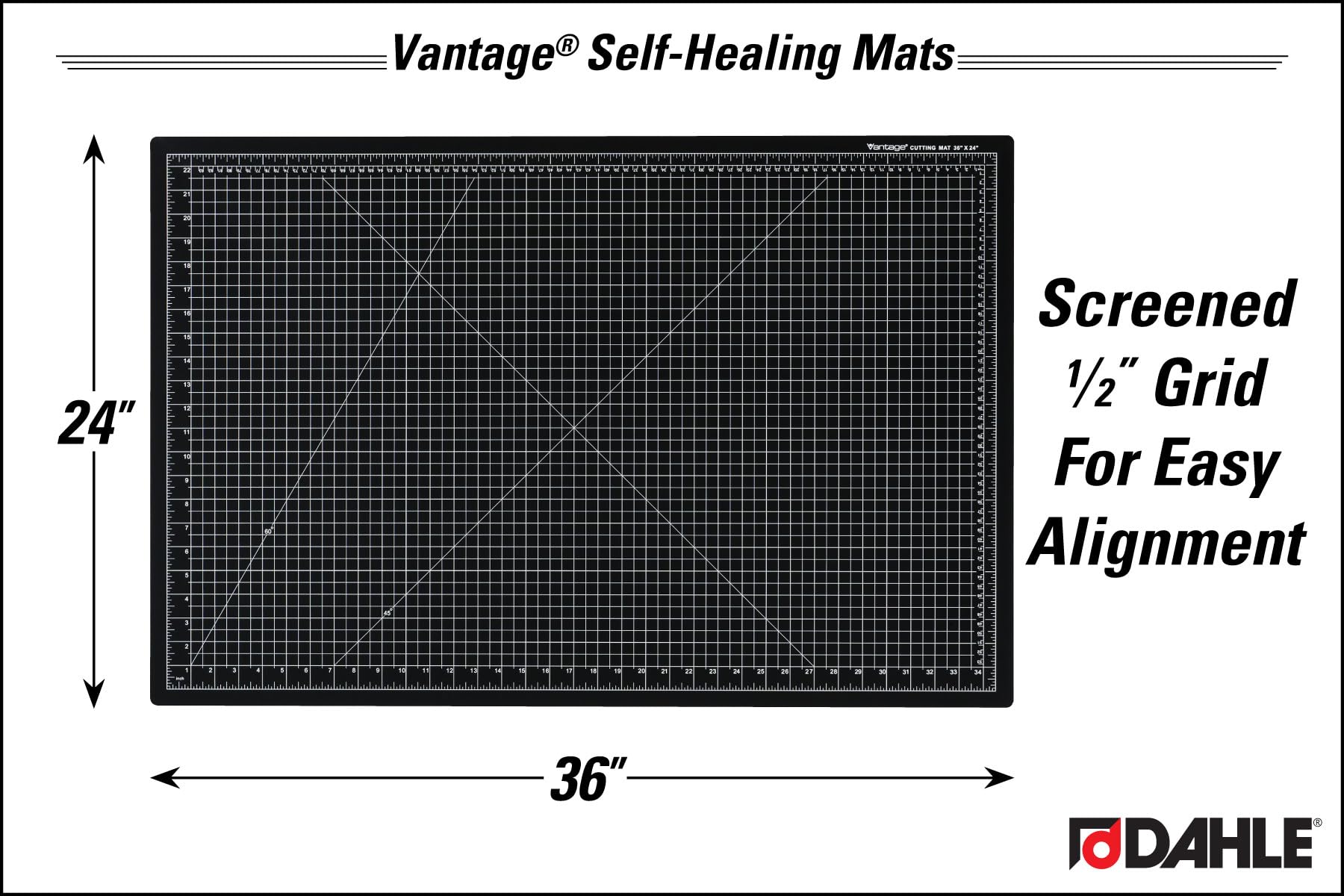 Dahle Vantage 10793 - Tappetino da taglio autorigenerante su entrambi i lati, 61 x 91,4 cm, griglia da 1,27 cm, 5 strati per la massima guarigione, perfetto per artigianato e cucito, nero