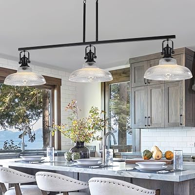 Farmhouse Dining Room Light Fixture, 3-Light 12in Black Glass Kitchen Island Lighting Over Island, Industrial Chandeliers for Table, Black Pendant Lights for Bar Sink Restauran