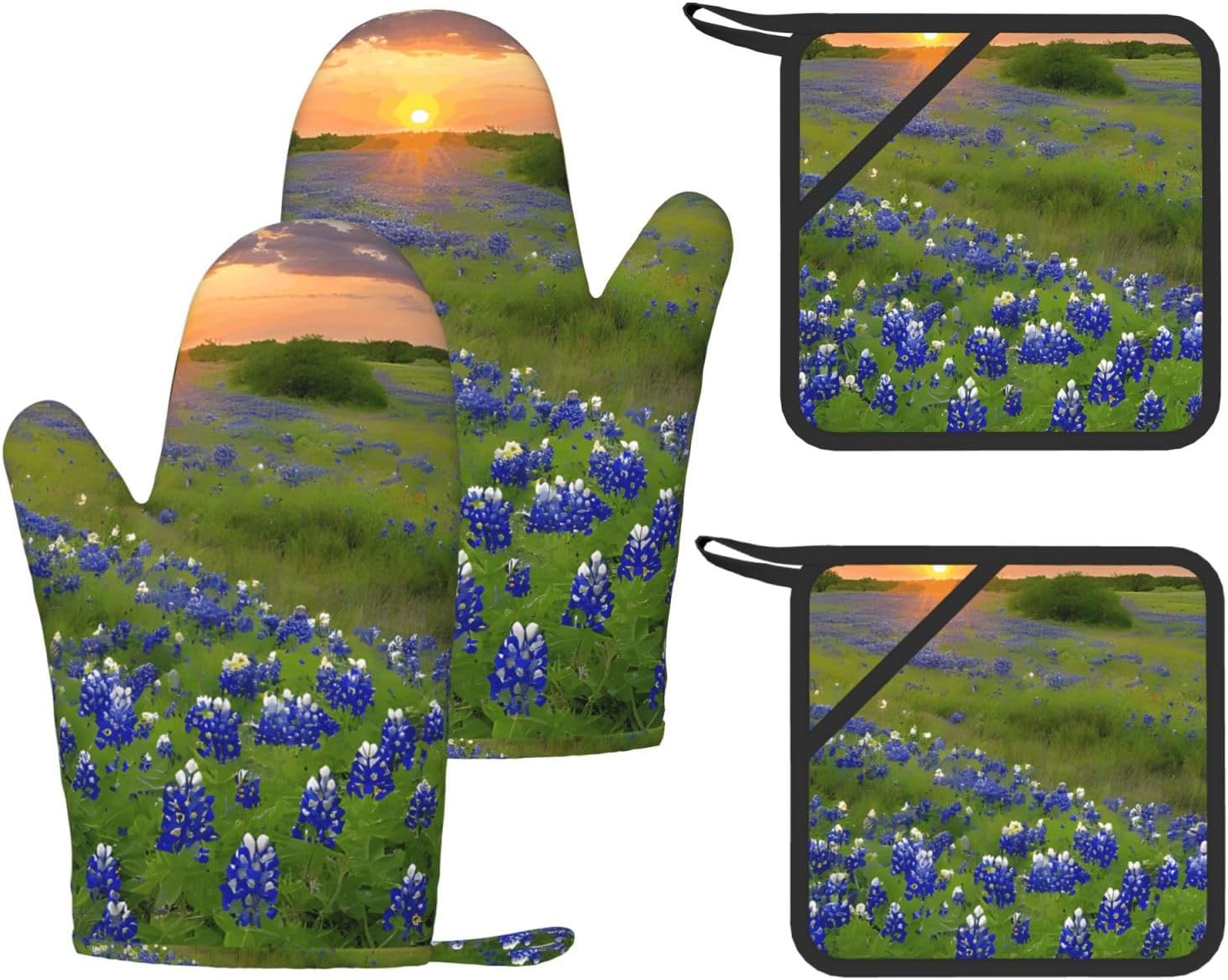 Texas Bluebonnets Scenery Oven Mitts and Pot Holders Set of 4 Heat Resistant Kitchen Gloves with Silicone Palm Hot Pads for Baking Cooking Grilling BBQ