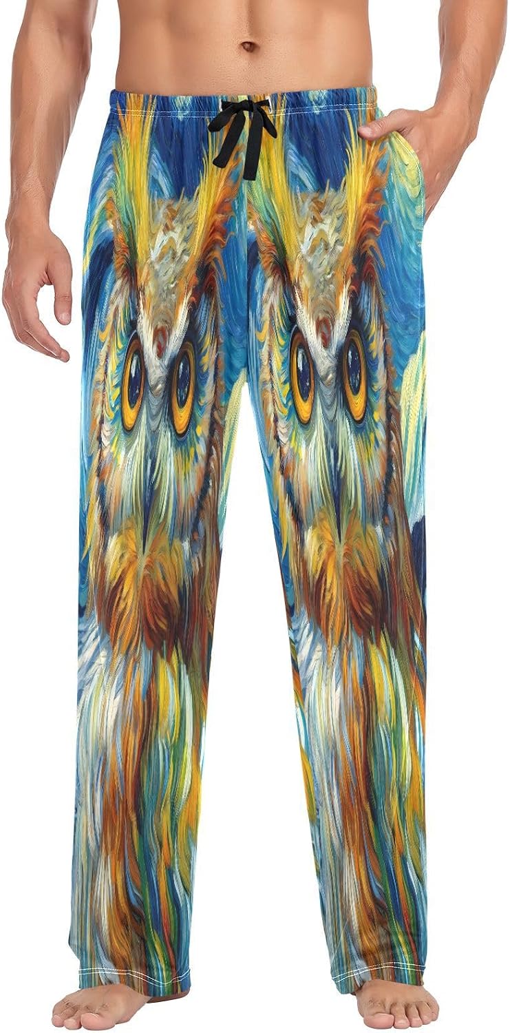 ALAZA Owl Starry Sky Van Gogh Men's Pajama Pants Men Cotton Pajama Bottoms with Pockets, S