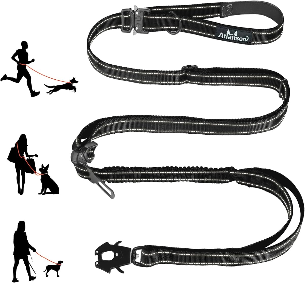 9.7FT Detachable Hand-Free Heavy Duty Tactical Dog Leash, Black | Bungee Shock Absorption dog Leash, with Padded Handle, Quick Release Metal Clip, Car Seatbelt, Training Lead, for Large dog
