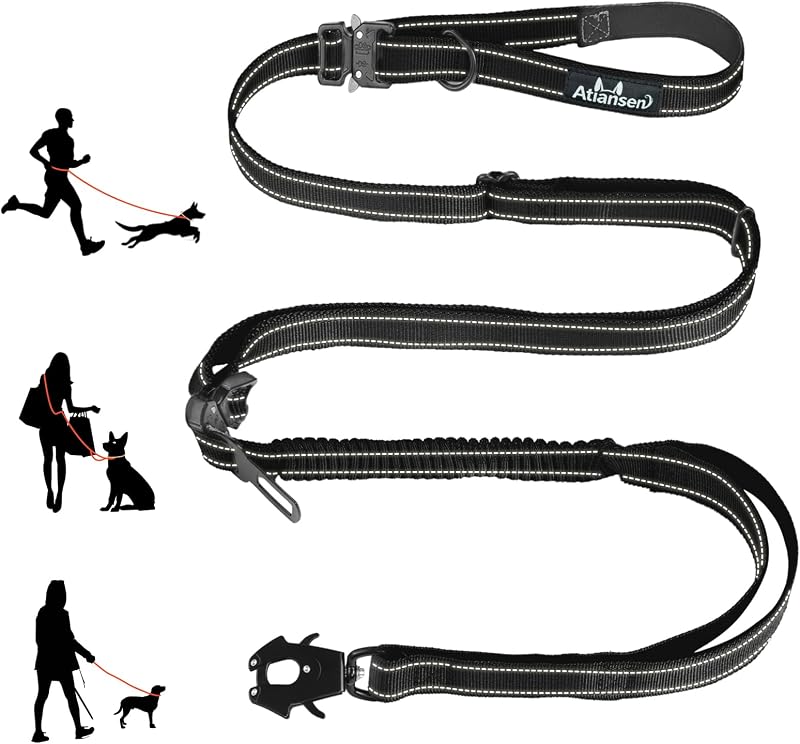 9.7FT Detachable Hand-Free Heavy Duty Tactical Dog Leash, Black | Bungee Shock Absorption dog Leash, with Padded Handle, Quick Release Metal Clip, Car Seatbelt, Training Lead, for Large dog