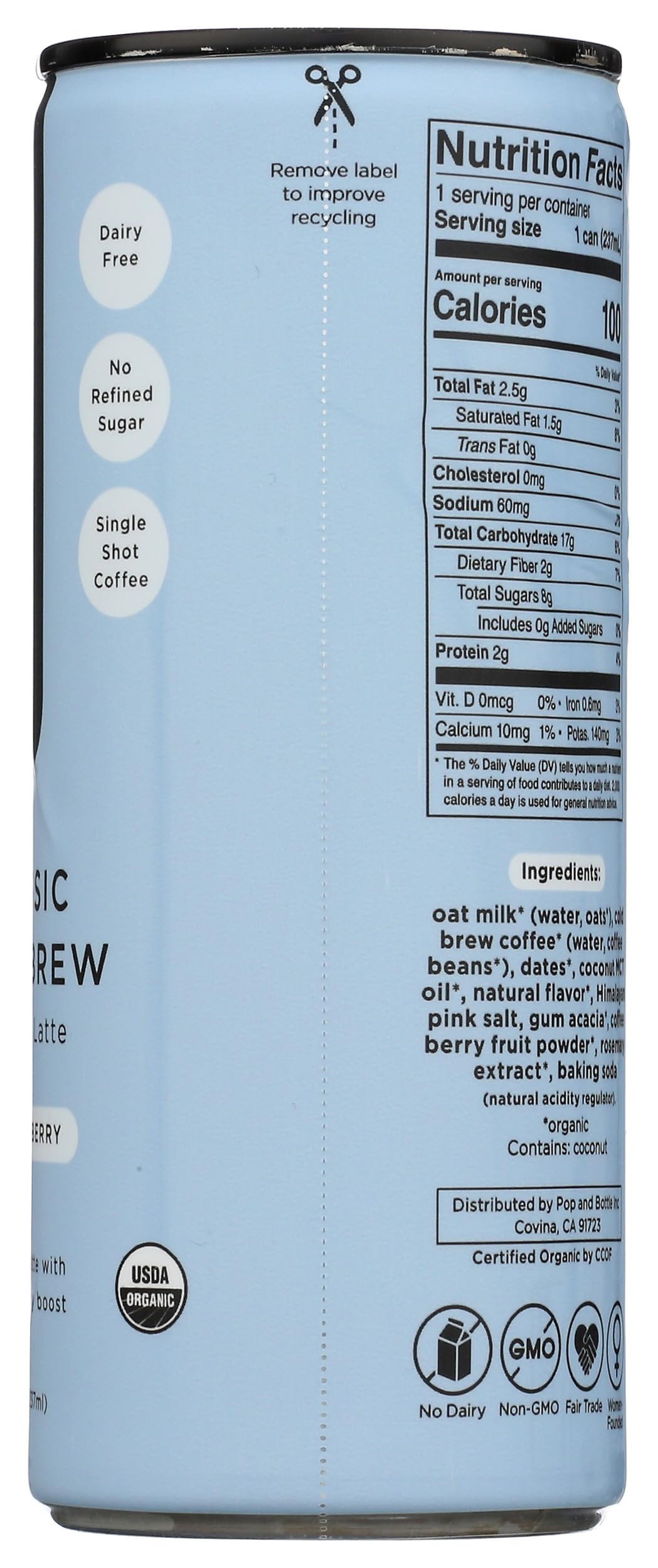 Pop And Bottle, Latte Oat Milk Classic Antioxidants, 8 Fl Oz