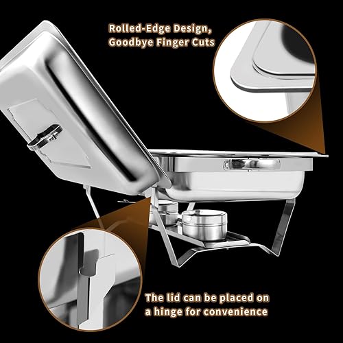 Miniatura 5 de Juego de 4 platos de acero inoxidable de tamaño completo de 8 cuartos de galón, juego de calentador rectangular plateado con bandejas, tapa de