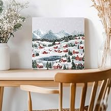 Christmas Tree Winter Snow Scene Canvas Wall Art 12x12in, Stretched and Framed Canvas Painting Artwork, Retro Town Red House Modern Wall Art for Living Room Bedroom Decor