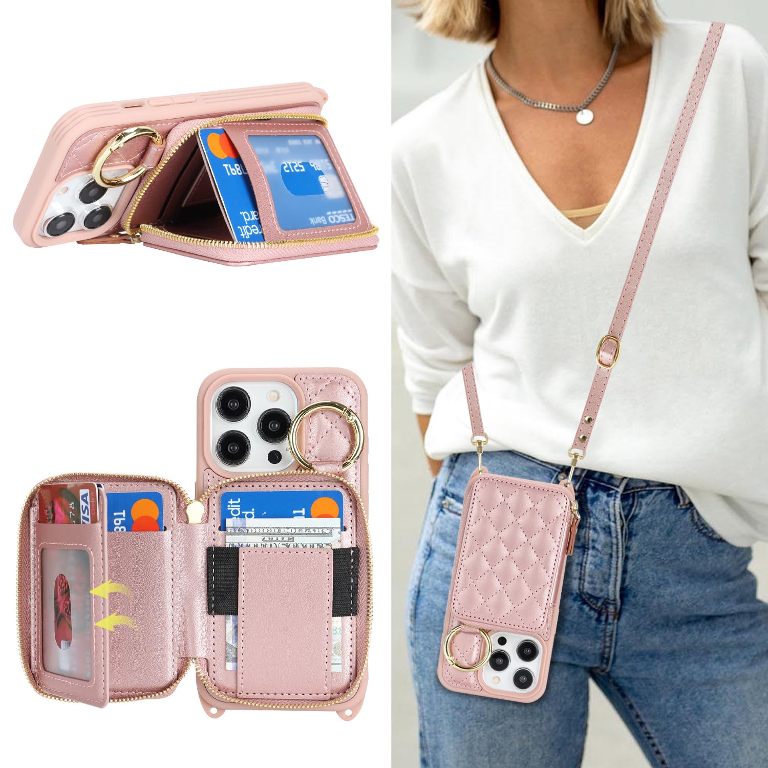 Crossbody Wallet Case for iPhone 13 Pro-Rose Gold