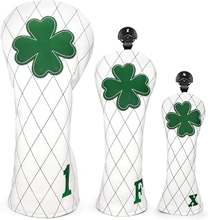 Golf Headcovers Golf Driver Fairway Hybrid Head Cover Lucky Clover Cross Pattern Premium Leather Driver Fairway(FW) Wood Hybrid(UT) with Number Tags