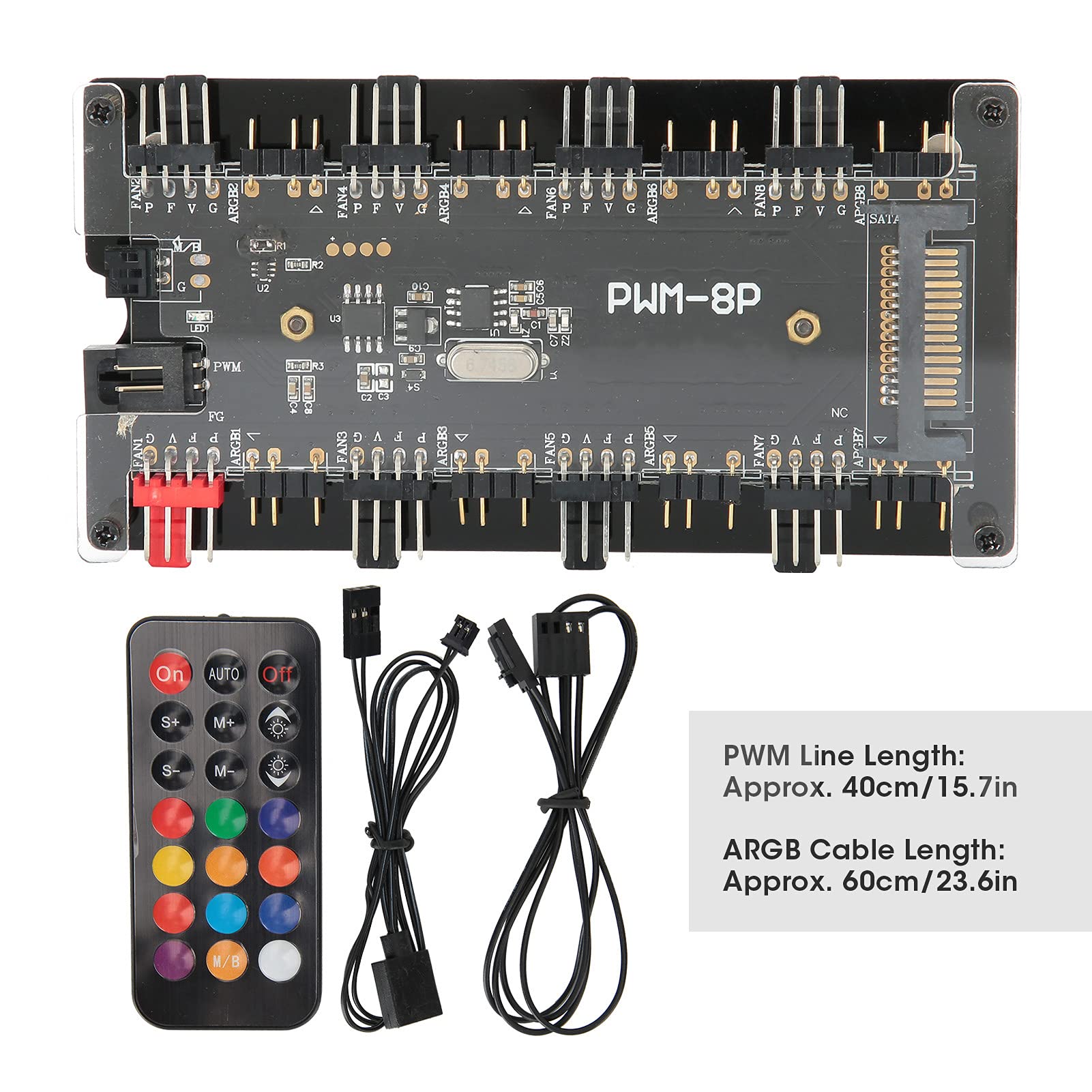 Socobeta Case Fan Hub PC Fan Controller ARGB PWM Hub 8-portowy 5V z 21-klawiszowym Pilotem do Zasilania Synchronizacja Płyty Głównej