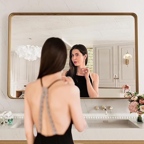 Miniatura 77 de LOAAO - Espejo de tocador para baño con marco de metal negro mate de 24 x 32 pulgadas para pared, rústico, rectangular, grande, redondeado