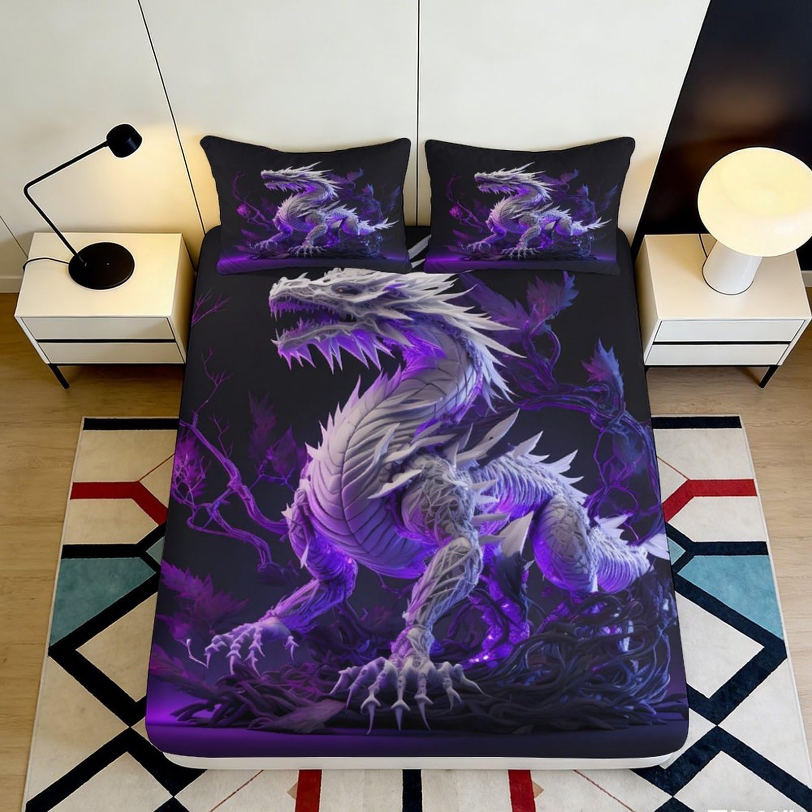 3D Printed Purple Dragon Fitted Sheet Microfiber Non-slip Black Fantasy Beast Mattress Cover for Bedroom Dorm Decor 200x200x25cm