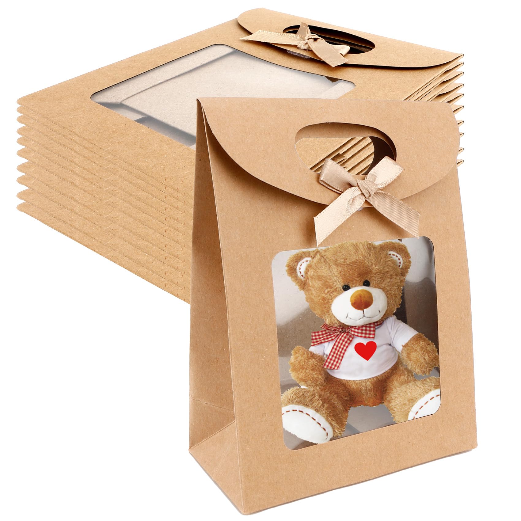 Kraft Gift Bags, Self Sealing Gift Bag, Gift Paper Bags With Handles And Window, 12 X 16 X 6 Cm 12 Pcs, Perfect For Birthdays, Weddings, Holidays, Christmas, Halloween, Party, Present Wrapping (Brown)