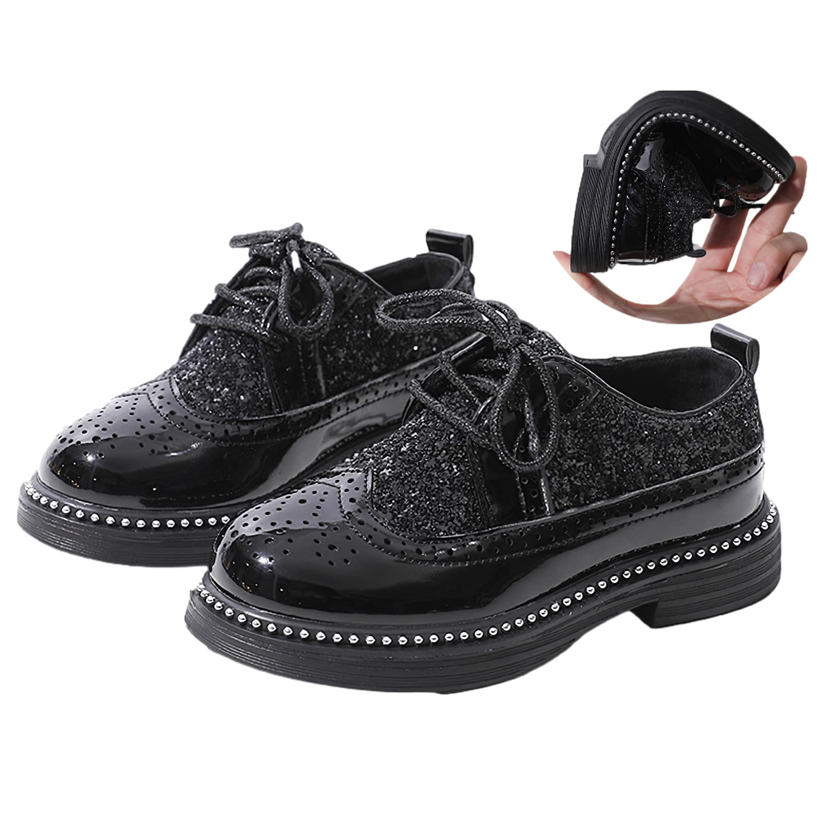 rismart Chico Niña Zapatos de Vestido con Cordones Brillante Lentejuelas Cómoda Formal Brogue Wingtip Oxfords