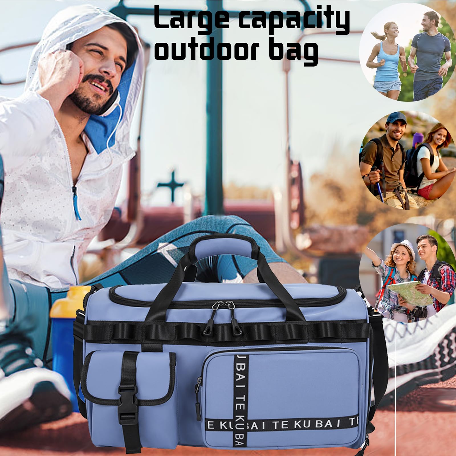 Reisetasche Damen Herren, 65L Wasserabweisende Sporttasche, Reise Tasche mit Schuhfach und Nassfach, Gym Bag, Handtasche, Umhängetasche, Schultertasche für Reisen, Fitness, Sport, Königsblau