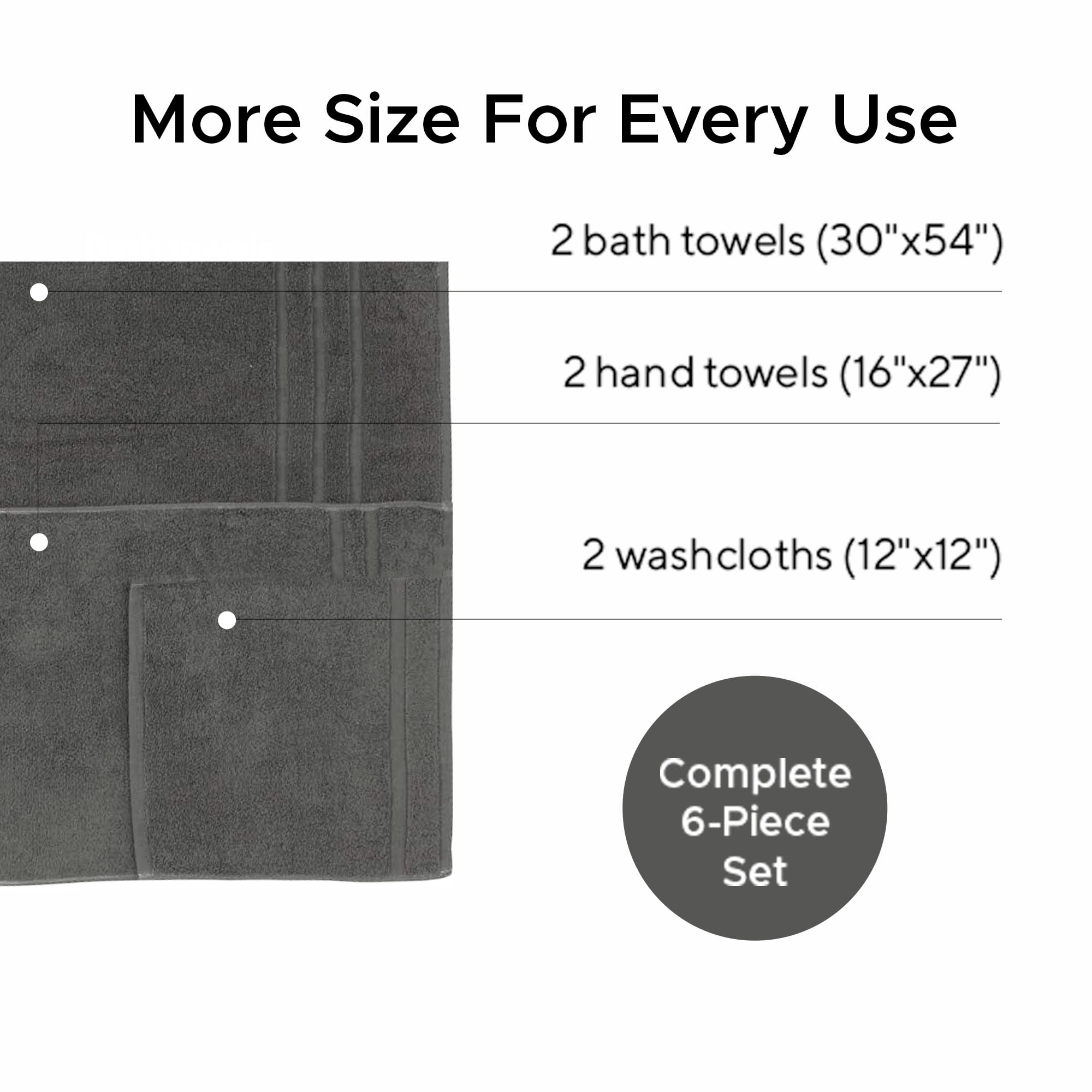 Veteran Textile LLC - Juego de toallas de lujo para baño y cocina, 6 piezas, 100% algodón turco, 2 toallas de baño, 2 toallas de mano y 2 paños (precio de $79.99) (grafito)