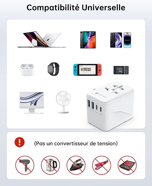 NOVOO Adaptateur de Voyage Universel Adaptateur Prise Universelle PD 21W avec 2 USB et 2 Type C Adaptateur Universel France v - 5