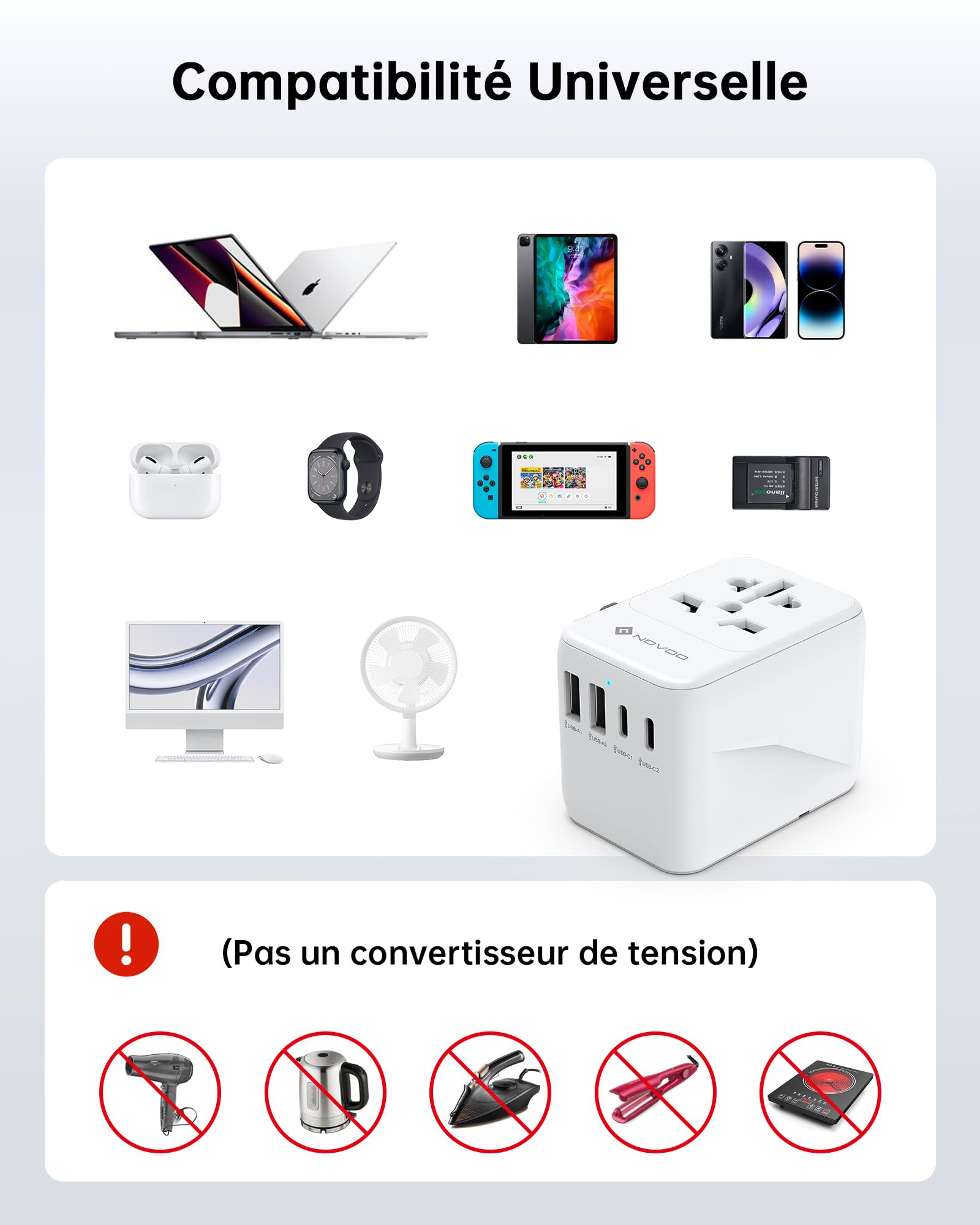 NOVOO Adaptateur de Voyage Universel Adaptateur Prise Universelle PD 21W avec 2 USB et 2 Type C Adaptateur Universel France vers USA UK Allemagne Australie Chine Japon