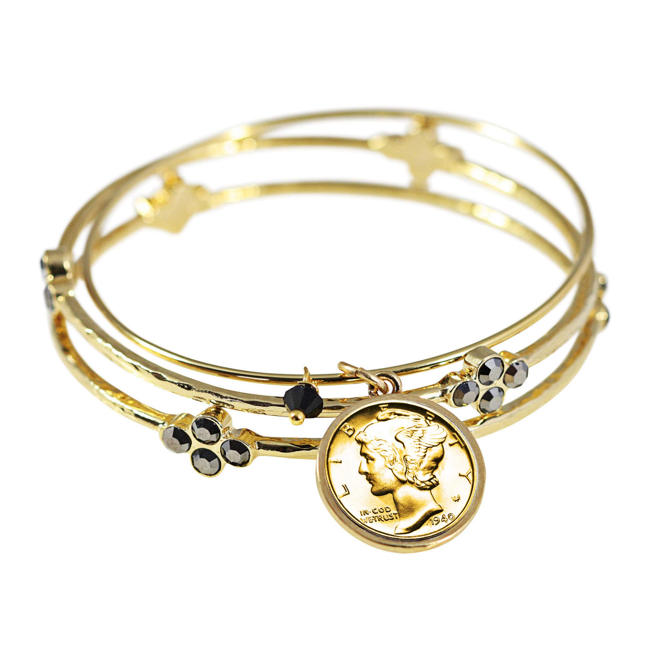 American Coin TreasuresCoin Bangle Bracelets Mercury Dime Charm | 3 Piece Set Goldtone Bangles | Genuine Coin | One Size, Black Crystals | Women’s Fashion Jewelry