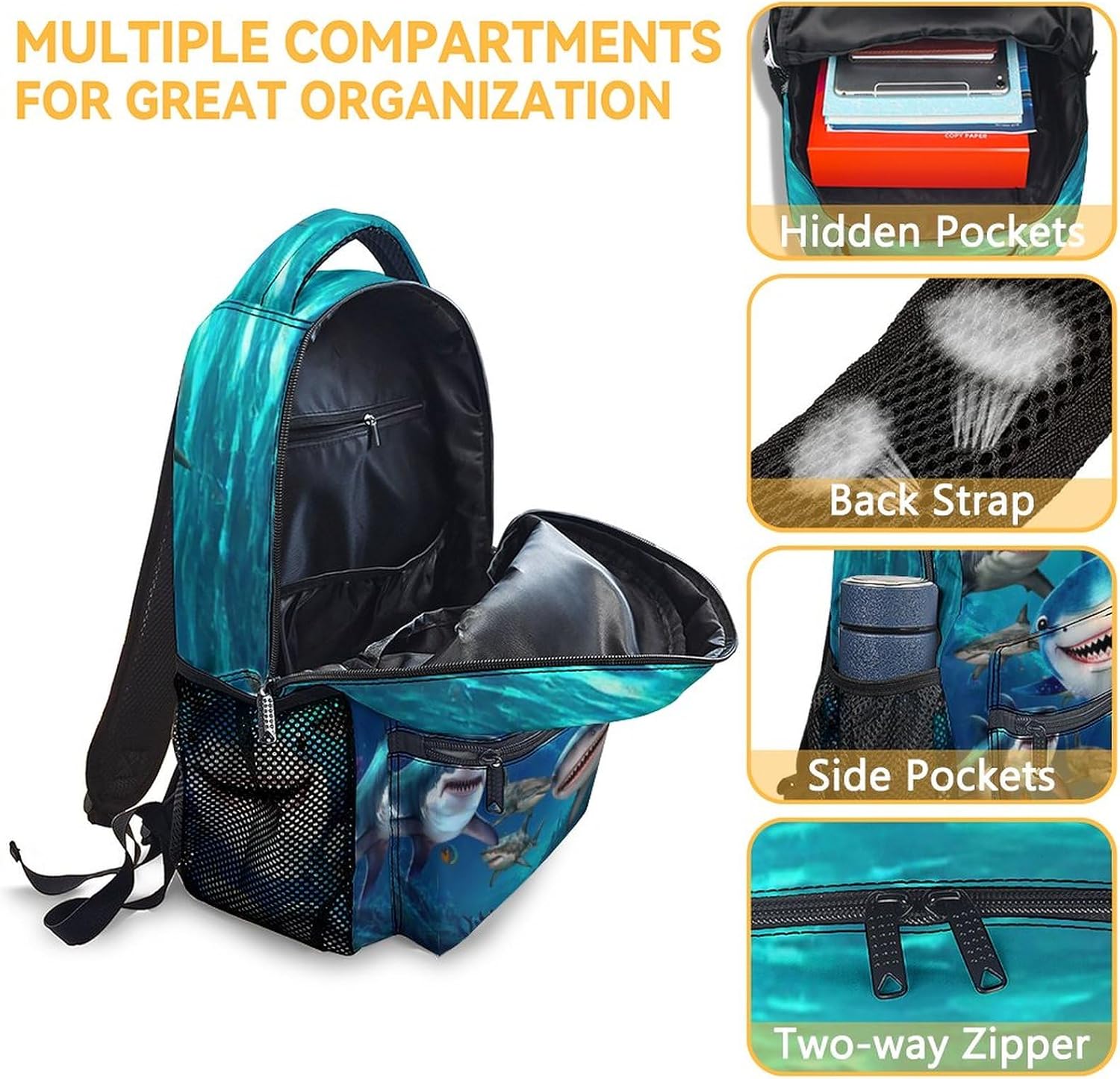 Shark Backpack with Lunch Box, Set of 3 School Backpacks Matching Combo, Cute Blue Bookbag and Pencil Case Bundle - Image 6