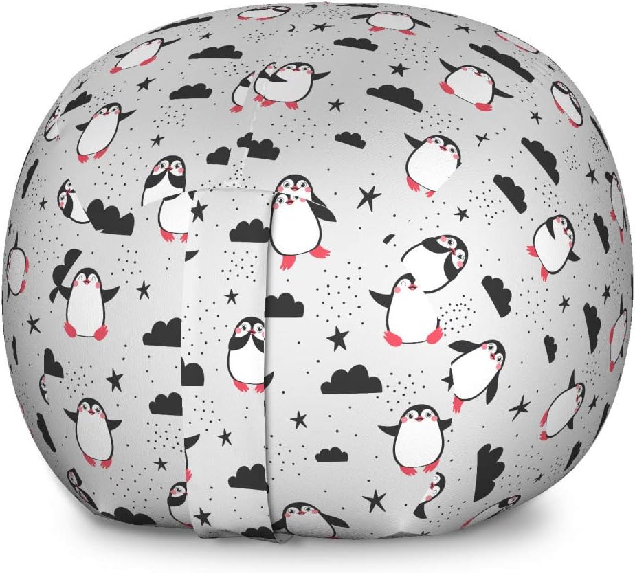 Ambesonne Cartoon Storage Toy Bag Chair, Funny Penguins in Love Joyful Arctic Animals Stars Clouds Doodle, Stuffed Animal Organizer Washable Bag, Large Size, Dark Blue Grey and Black