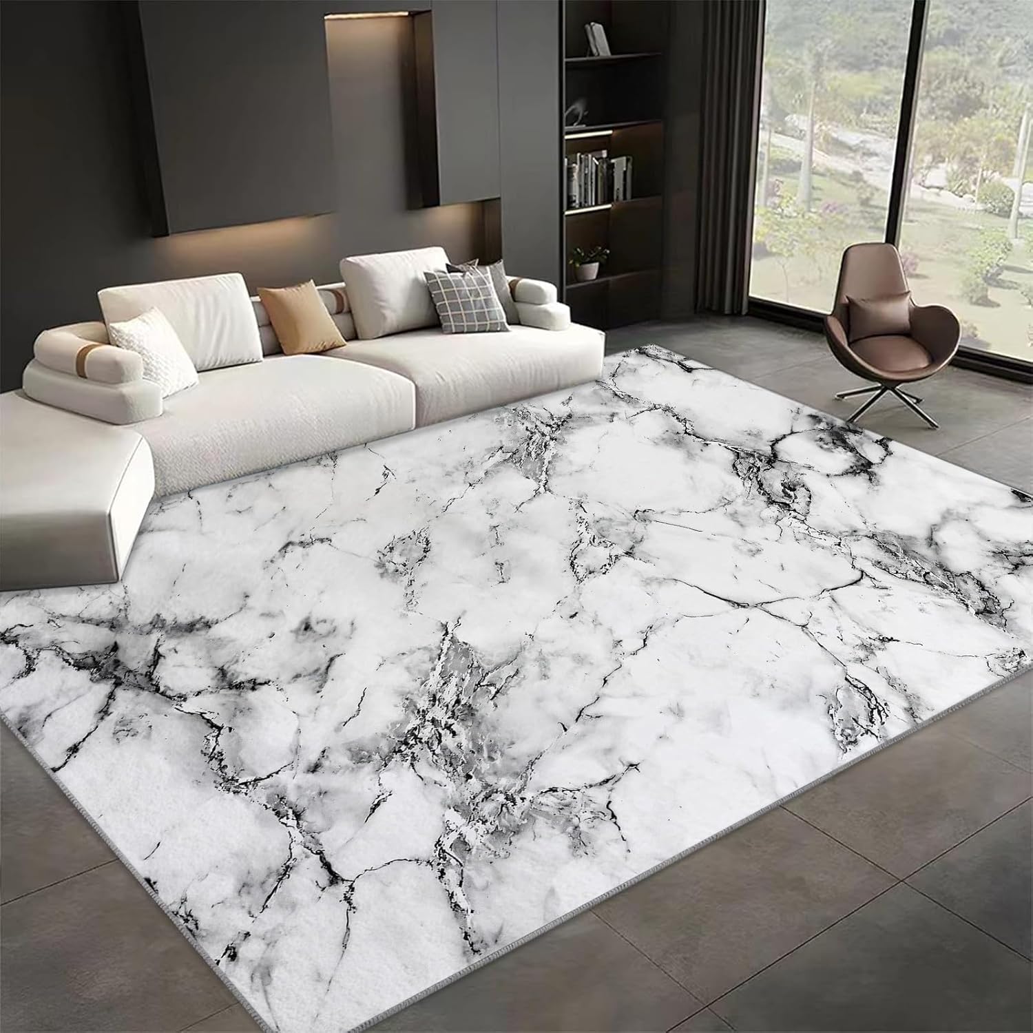 Washable Rug 2x3 ft Modern Area Rug Marble Texture White Luxury, Living Room Non Slip Carpet, Machine Washble Soft Low Pile Bedroom Lightweight Carpet for Home Dinning Room