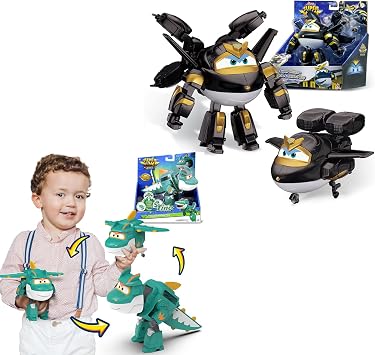 Super Wings Bundle Set, Tino 5 in 1 Transformable Dinosaur Airplane Robot + Dark Golden Boy 2 in 1 Mode Rescue Bots Action Figure, Plane Transforming Toys for Boys Girls, Kids Age 3 4 5 6 7 8 9+