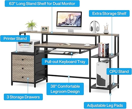Miniatura 6 de Tribesigns Escritorio para computadora con 3 cajones, escritorio de oficina en casa de 63 pulgadas con estante para monitor, escritorio industrial