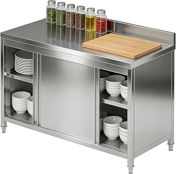 Stainless Steel Table, Metal Worktable with 2 Shelves, Kitchen Chefs Work Prep Table with Sliding Door, Mesa de Acero Inoxidable for Restaurant, Home, Garage, Laundry