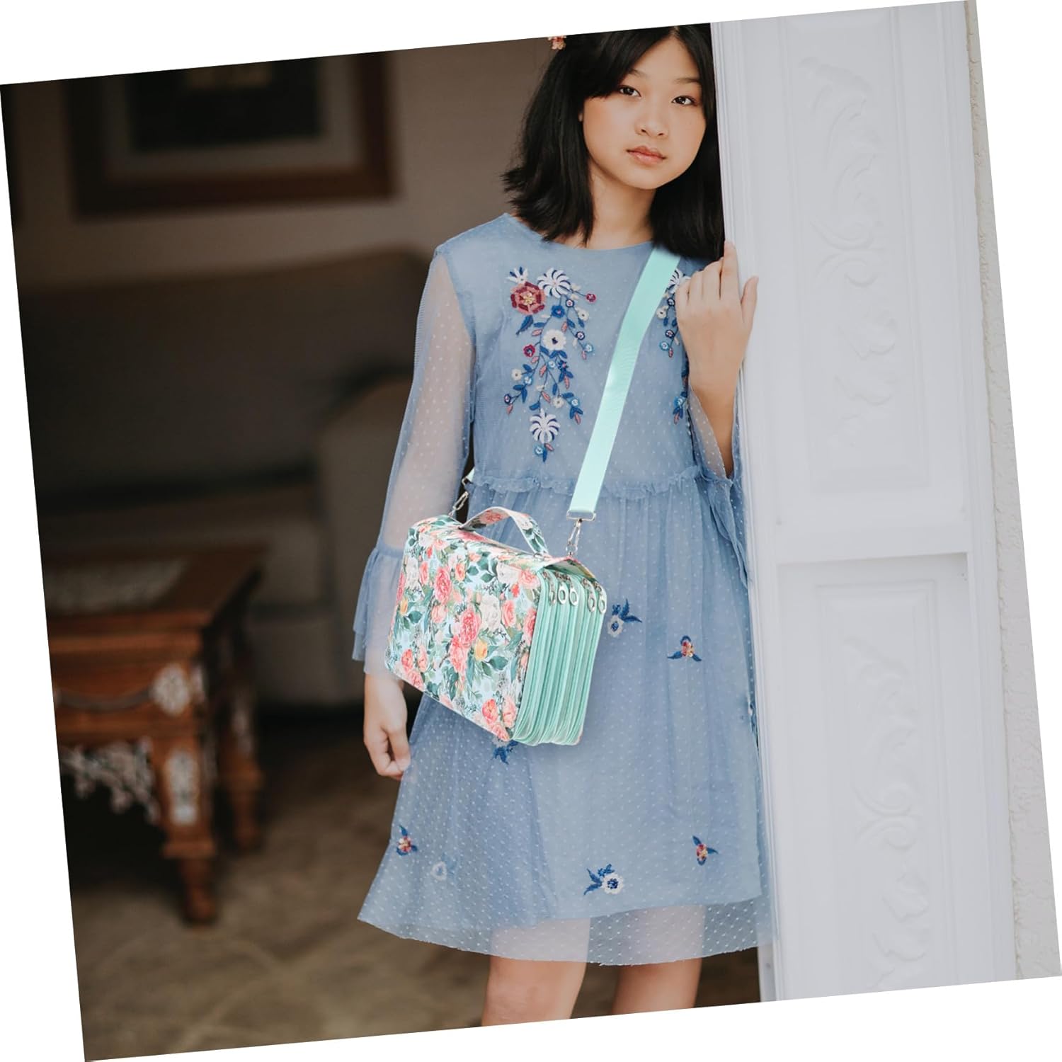 多孔グリーンローズ大容量文具ポーチ 手提げ式耐久性筆箱 絵画用ペン収納ケース 男女兼用 対応