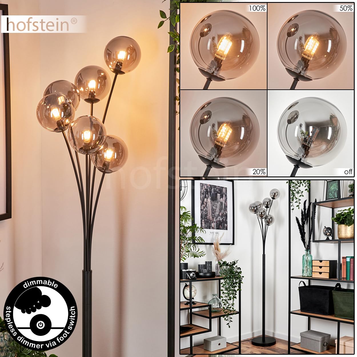 Stehleuchte Bernado, Stehlampe aus Metall/Glas in Schwarz/Rauchfarben, Leuchte im modernen Retro/Vintage-Design mit Schirmen aus Glas (Ø 12 cm), dimmbar über Fußschalter, 6 x G9, ohne Leuchtmittel