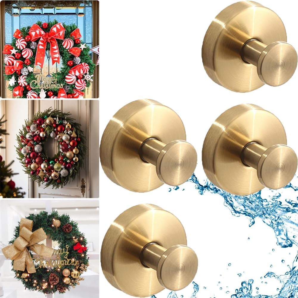 Suction Cup Hooks for Wreaths on Glass, 2025 New No Drill Suction Cup Hooks for Shower, Wreath Hanger for Front Door, Metal Towel Hooks for Window Bathroom Mirrors (Gold, 4pcs)