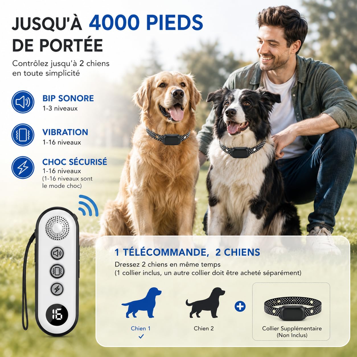 Collier Dressage Electrique Chien Portée 1200m, Collier Anti-Aboiement | 1-16 Niveaux Entraînement, Étanche Rechargeable, 3 Modes de Dressage BIP Vibration Choc, Adapté à Tous Les Chiens
