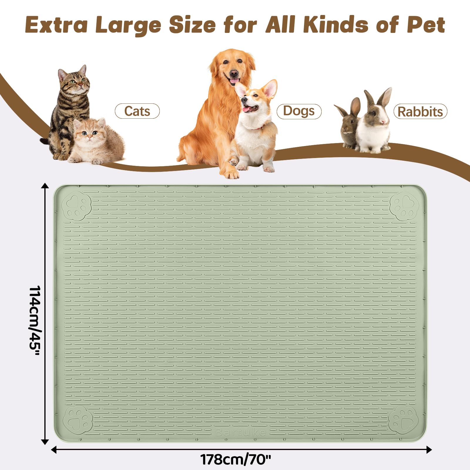 Extra große Silikon Katzenfuttermatte, 178x114cm Futtermatte für Haustiere mit erhöhtem Rand, Platzdeckchen für Futter- und Wassernäpfe, rutschfest, leicht zu reinigen (Grün)
