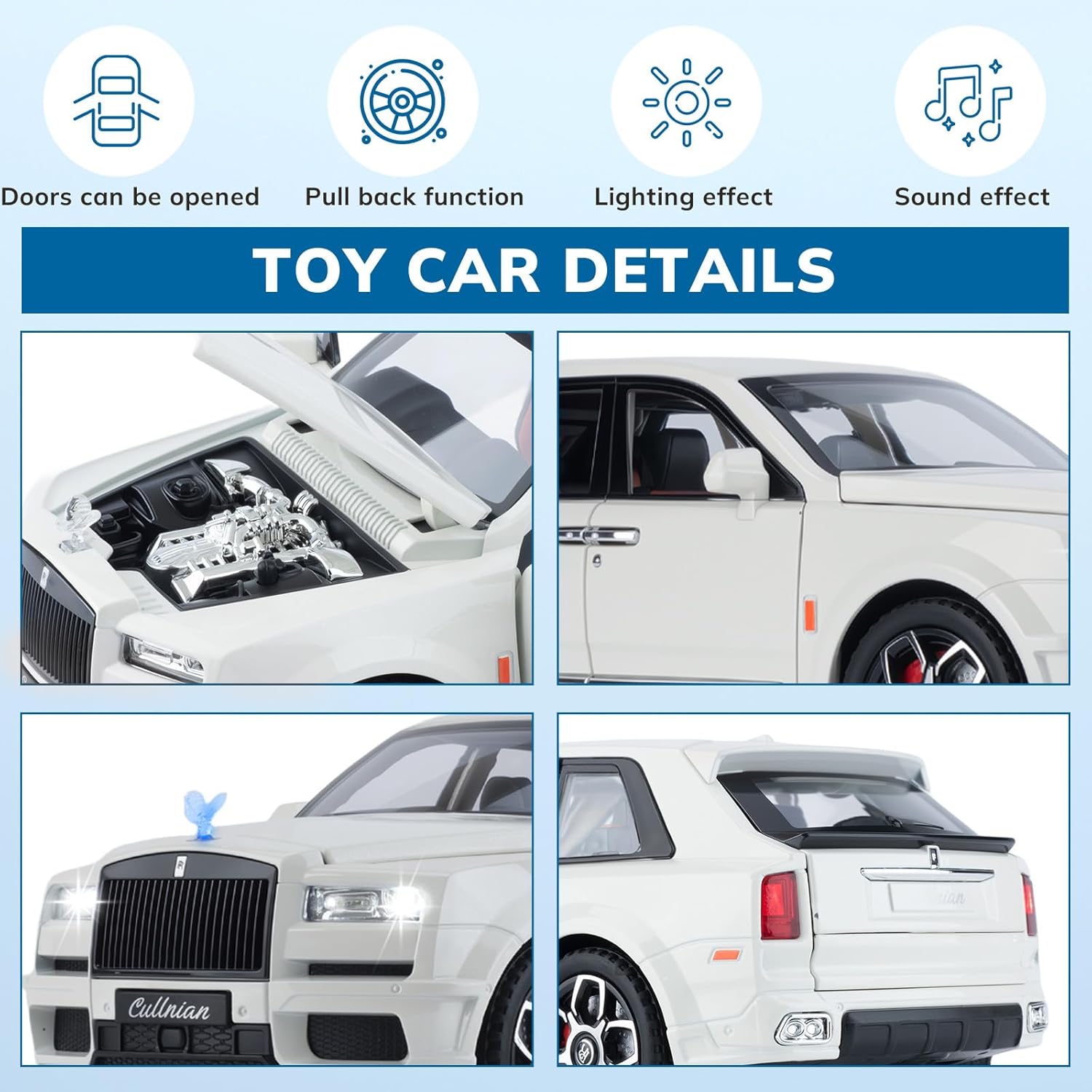 Car Toys for Boys 1/20 Diecast Cars Compatible with Cullinan Collectibles Car Model Kit,Metal Toy Vehicles for Boys and Girls,Pull Back Cars with Lights and Sounds,Cars for Kids Ages 4-8（White）