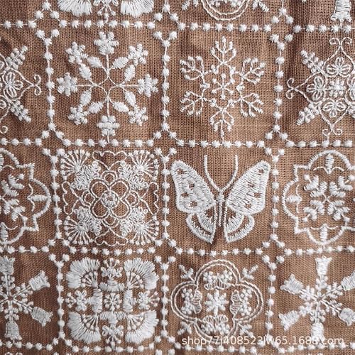 Material for Sewing Flower Butterfly Embroidered Fabric Cotton Linen Making Clothing Handmade Cloth(Brown)